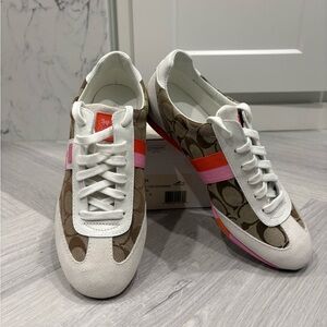 Coach Tan and White Sneakers with Pink and Orange Accents 10M
